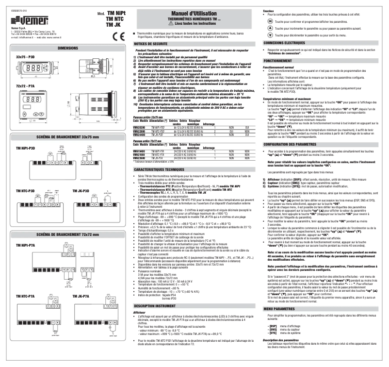 Page n°1 - Manuel utilisateur Vemer TM NiPt-P3D