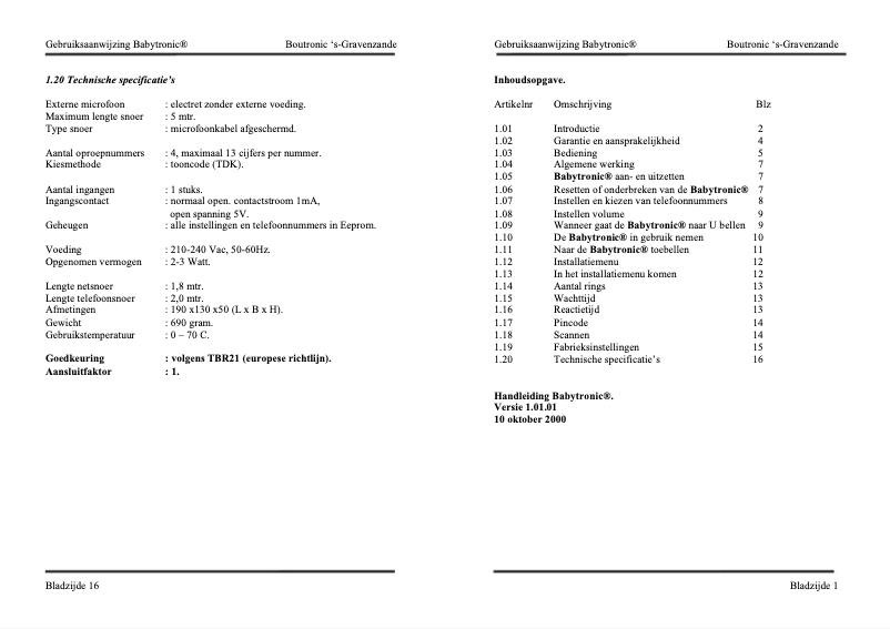 Page 1 of the manual User Manual Boutronic BabyTronic