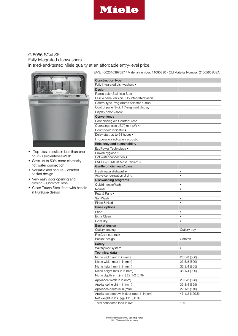 Page n°1 - Fiche technique Miele G 5056 SCVi SF
