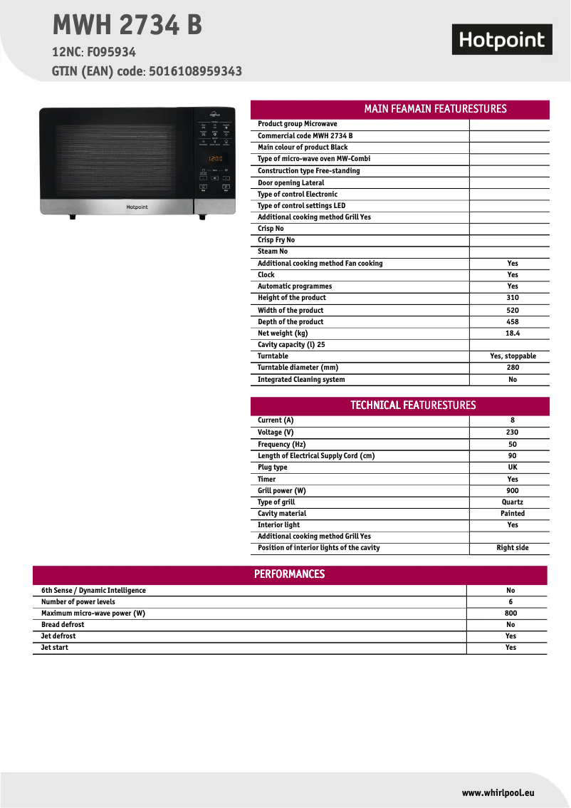 Page 1 de la notice Fiche technique Hotpoint MWH 2734 B