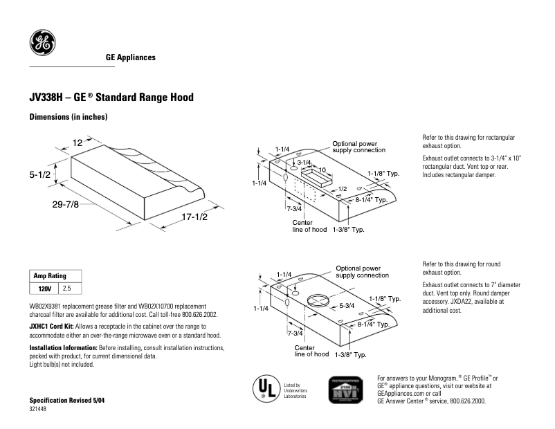 Page 1 de la notice Fiche technique GE JV338HBB