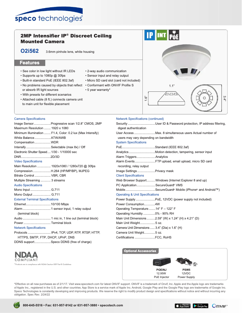 Page n°1 - Fiche technique Speco Technologies O2i562