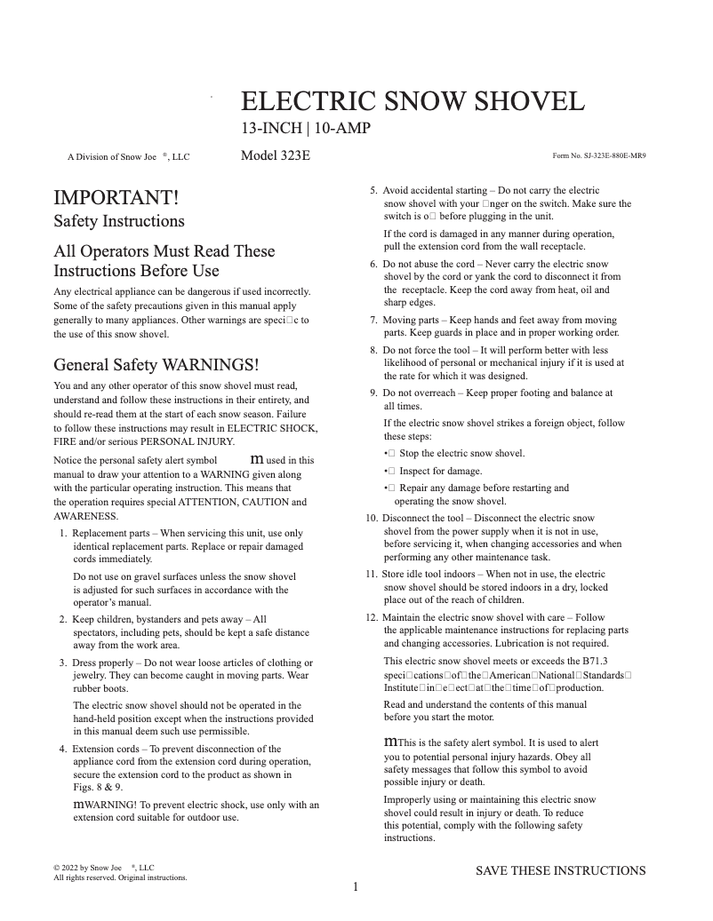 Page n°1 - Manuel utilisateur Snow Joe 323
