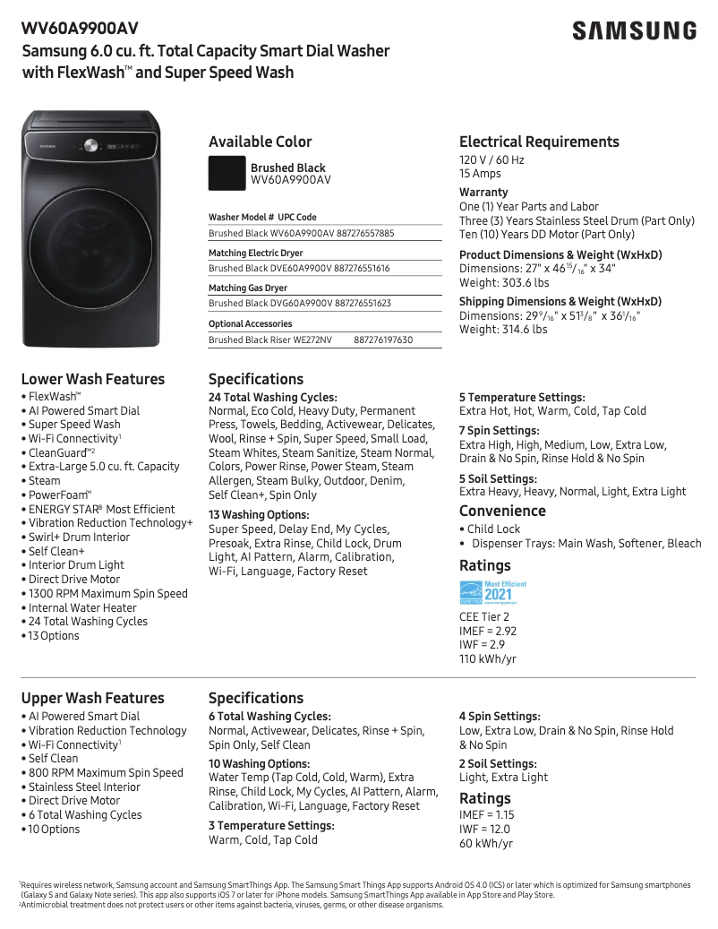 Page n°1 - Fiche technique Samsung WV60A9900AV