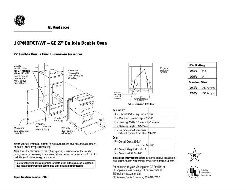 Page 1 de la notice Fiche technique GE JKP48CFCC