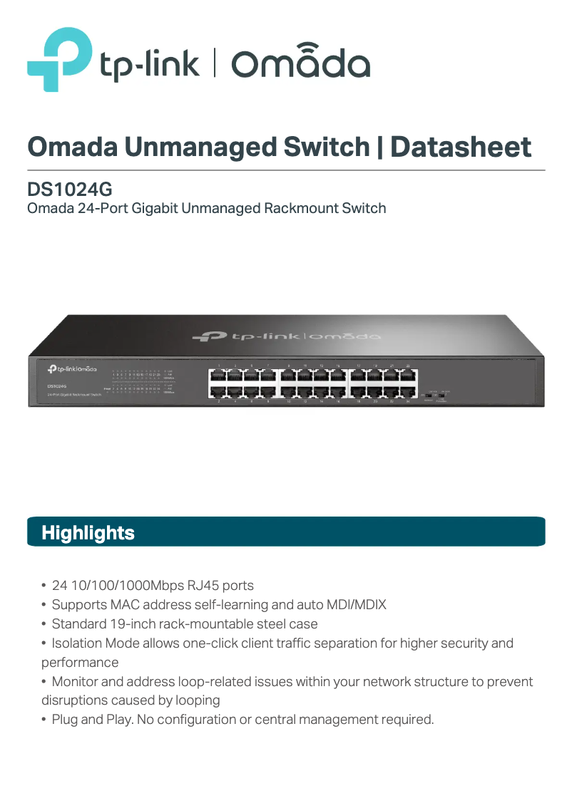 Page 1 de la notice Fiche technique TP-Link Omada DS1024G