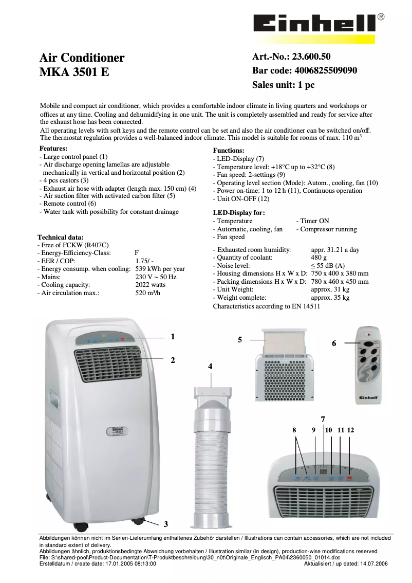 Page n°1 - Fiche technique Einhell MKA 3501 E
