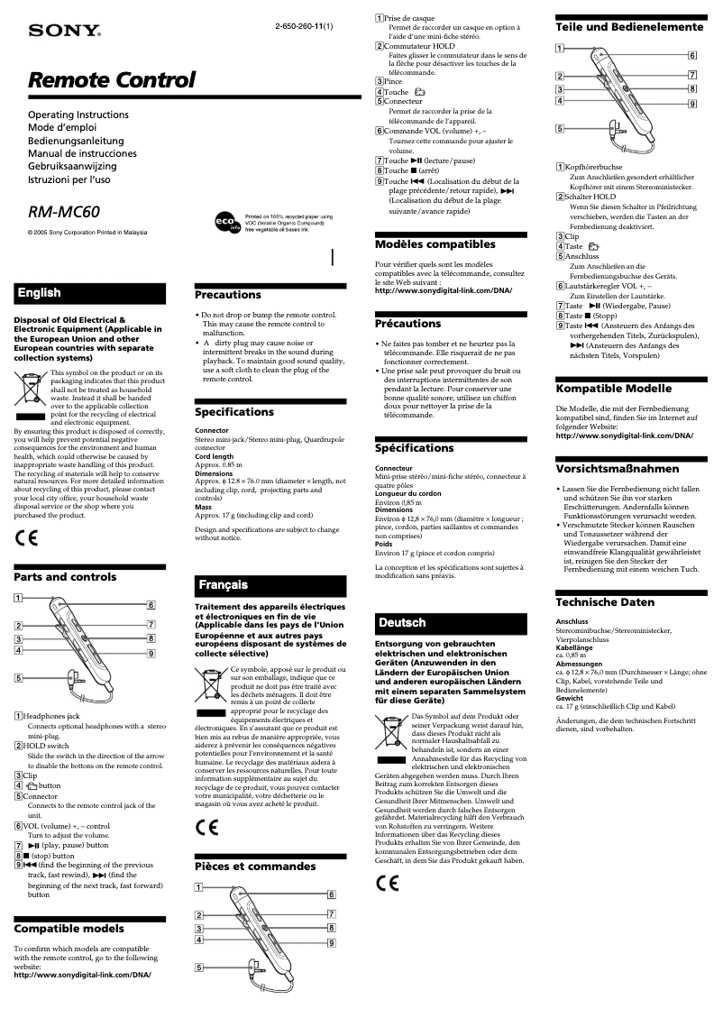 Page 1 de la notice Manuel utilisateur Sony RM-MC60