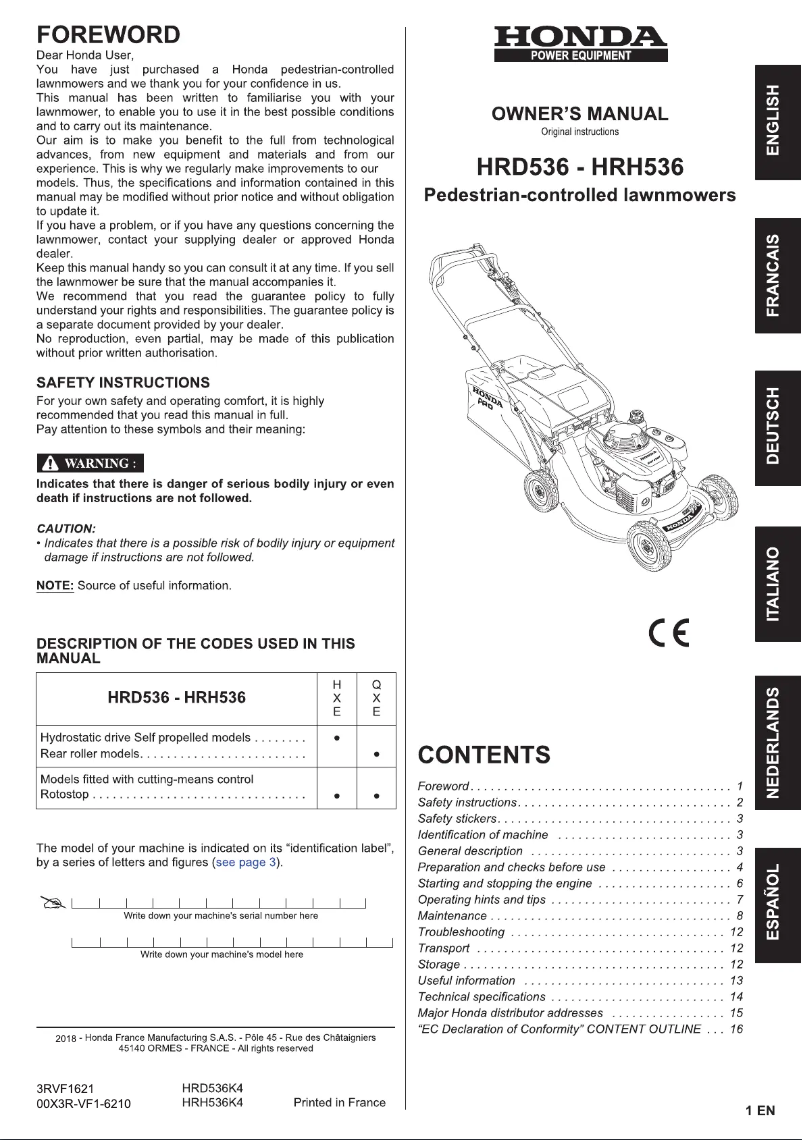 Page 1 de la notice Manuel utilisateur Honda HRH 536 HX
