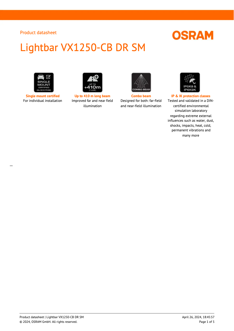 Page n°1 - Fiche technique Osram LEDriving Lightbar VX1250-CB SR SM