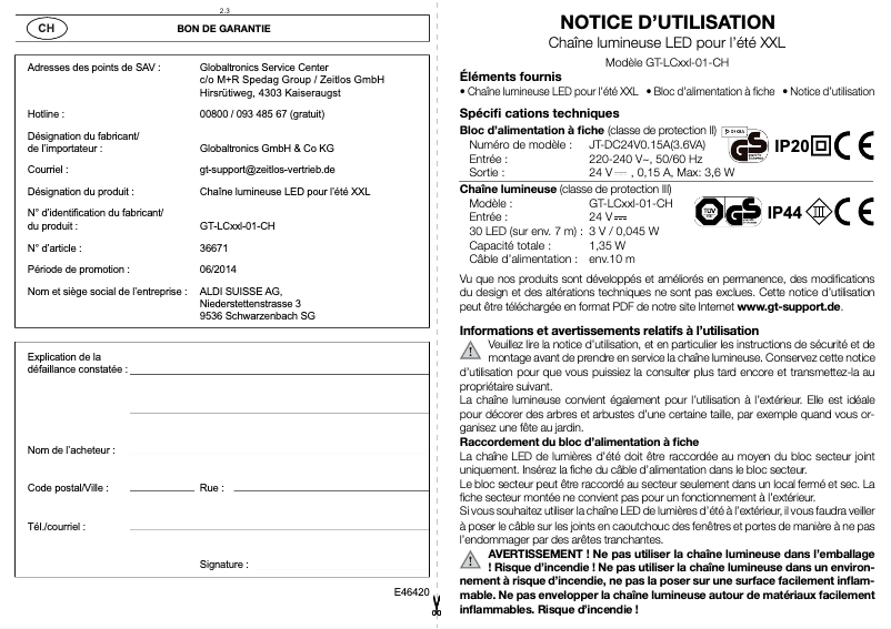 Page 1 de la notice Manuel utilisateur GlobalTronics GT-LCxxl-01-CH