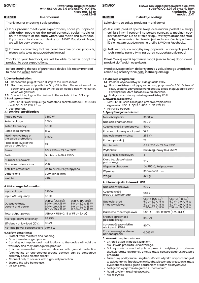 Page 1 de la notice Manuel utilisateur Savio LZ-11