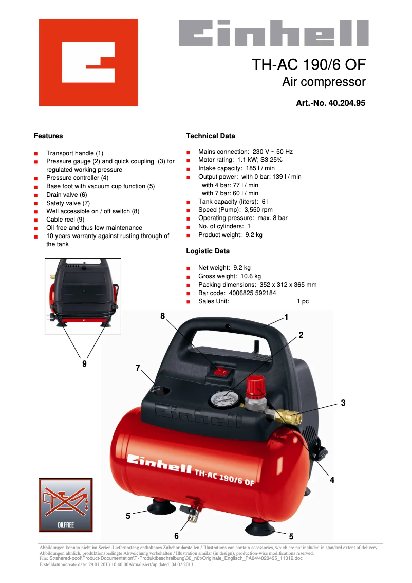 Page 1 de la notice Fiche technique Einhell TH-AC 190/6 OF