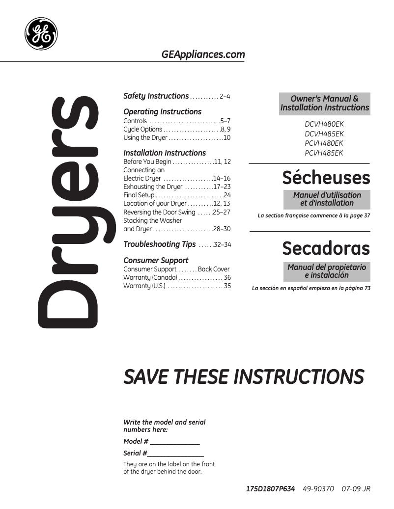 Page n°1 - Manuel d'utilisation et d'entretien GE DCVH480EKWW