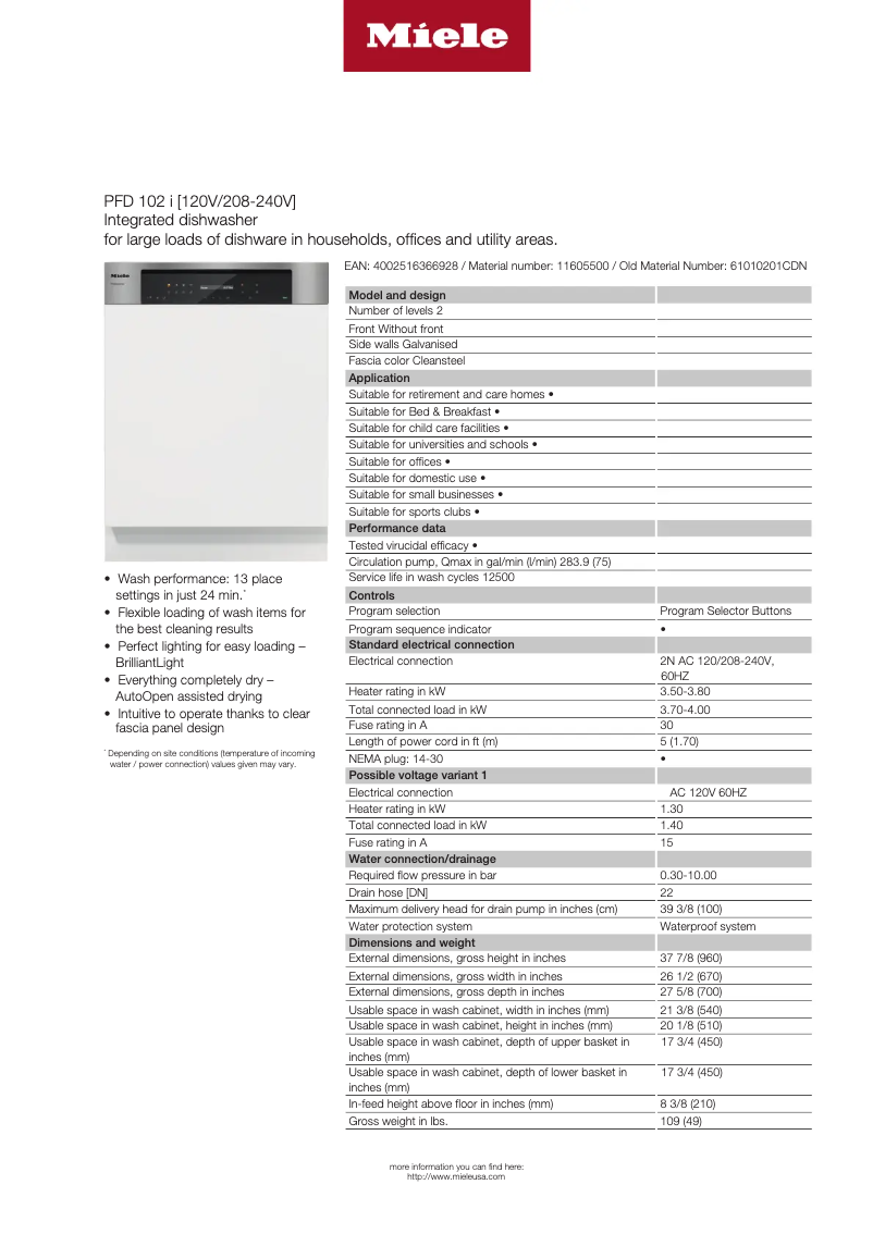 Page 1 de la notice Fiche technique Miele PFD 102 i