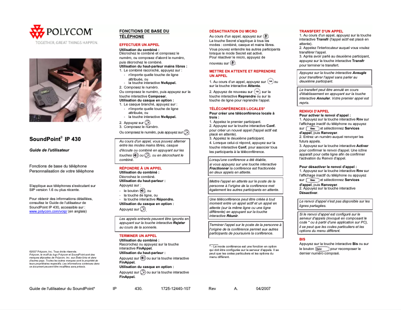 First page image of the manual for SoundPoint IP 430