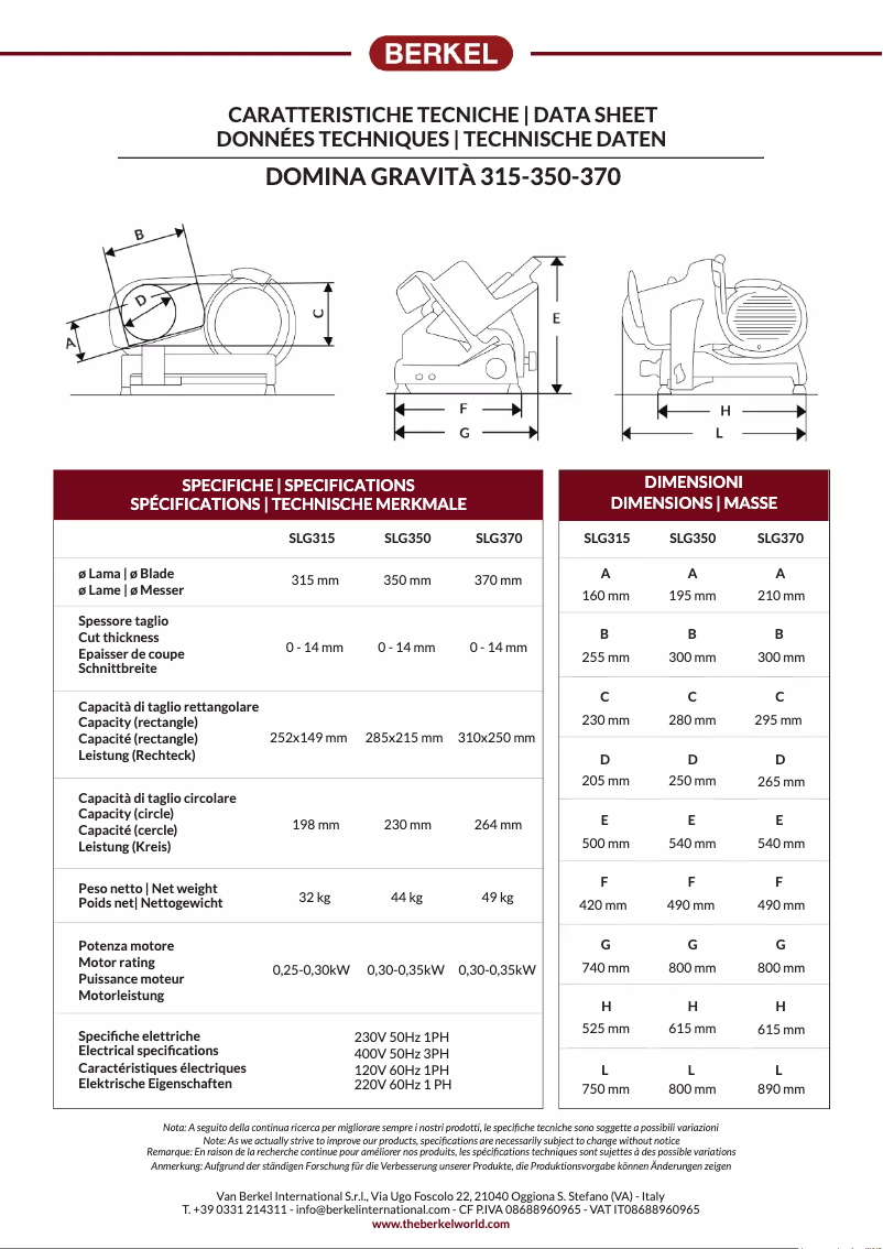 Page 1 de la notice Fiche technique Berkel Domina Gravitá SLG350