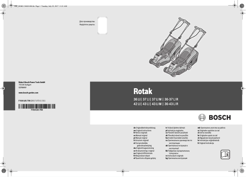 Page 1 de la notice Manuel utilisateur Bosch Rotak 37 Li