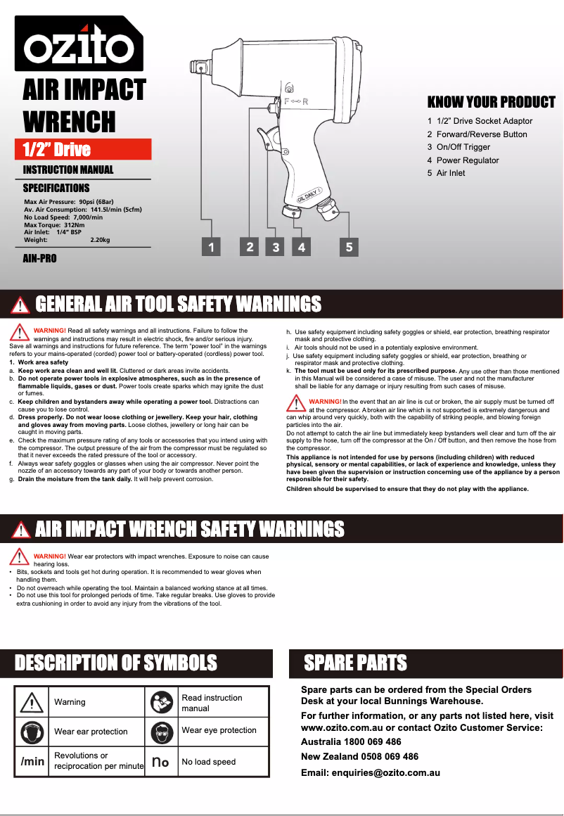 Page 1 de la notice Manuel utilisateur Ozito AIN-PRO