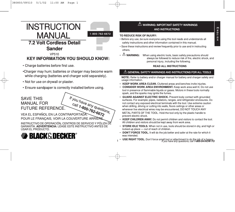 Page 1 de la notice Manuel utilisateur Black & Decker VP510T