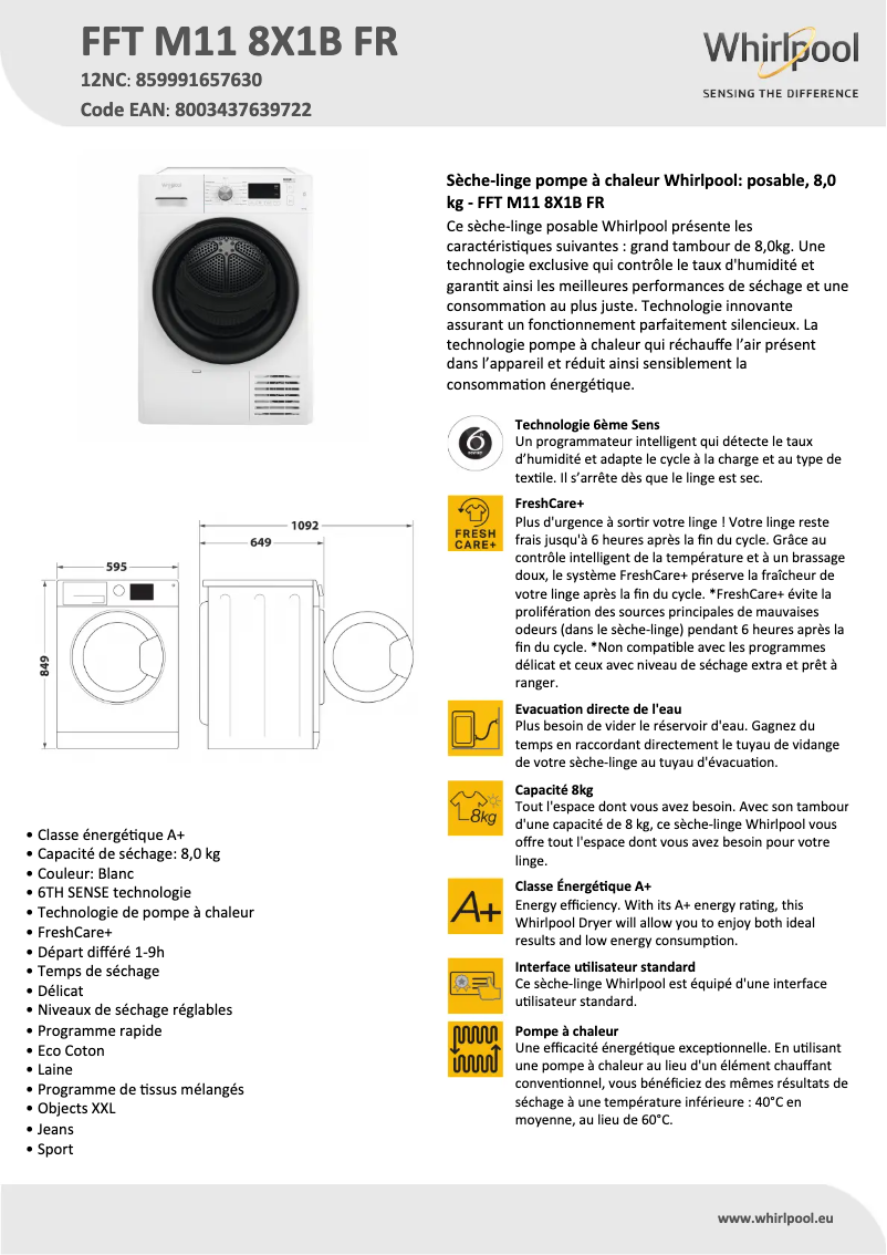 Página 1 del manual Ficha técnica Whirlpool FFT M11 8X1B FR