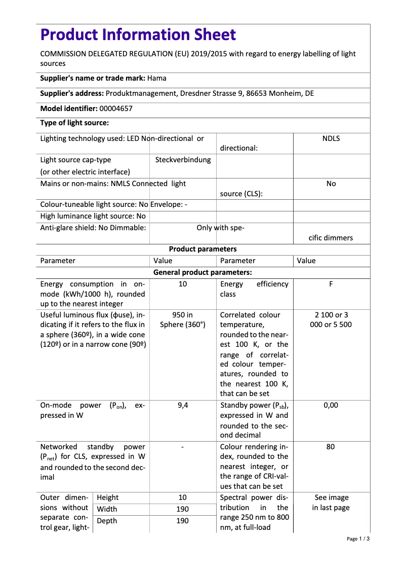 Page 1 de la notice Fiche technique Hama SpotLight Smart 80 II