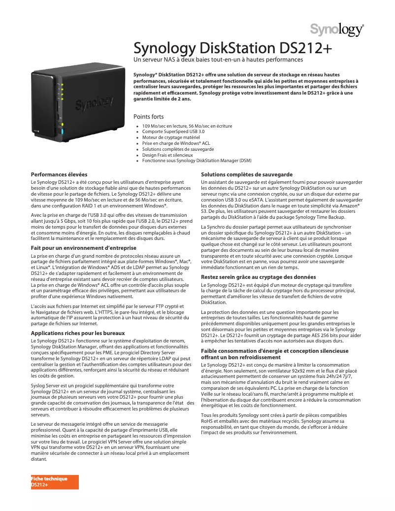 Page 1 de la notice Fiche technique Synology DiskStation DS212+