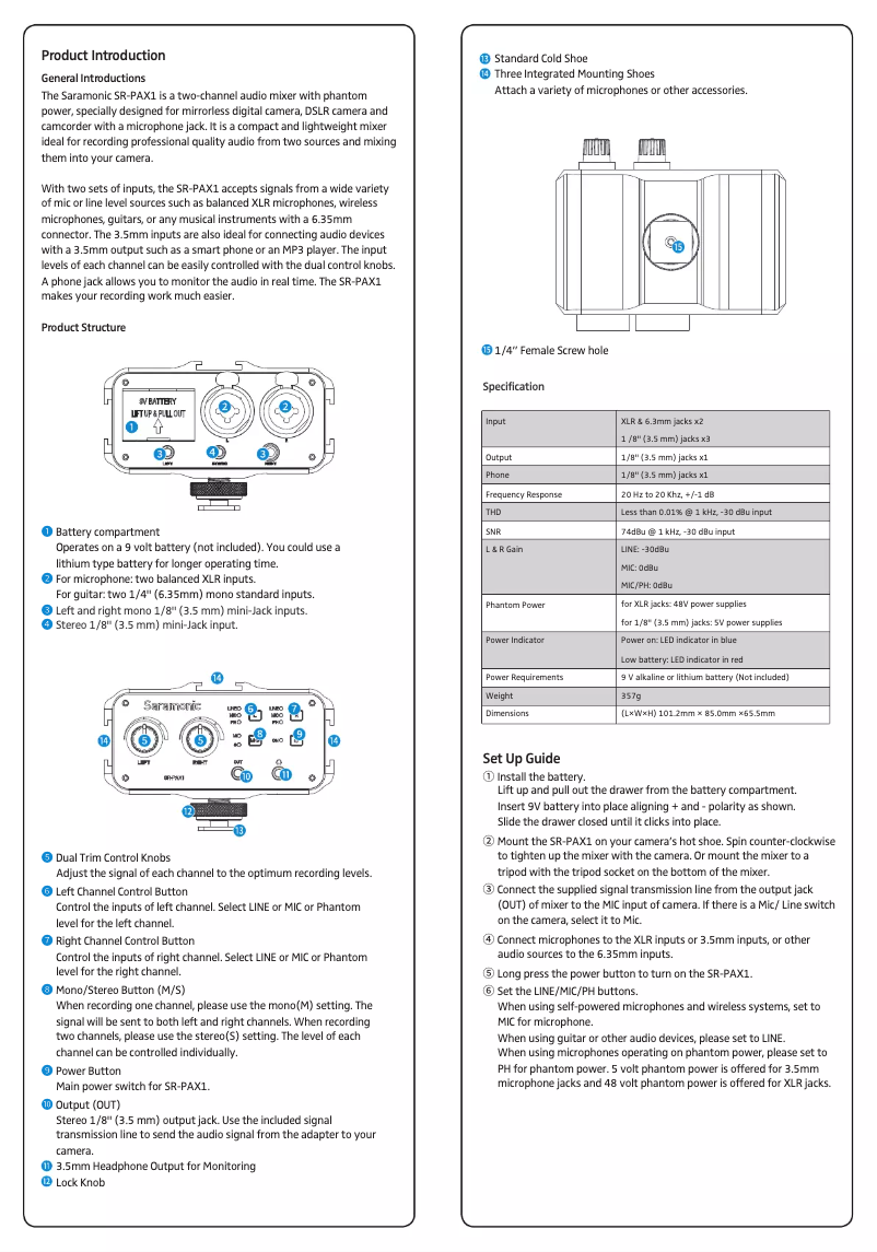 Page 1 de la notice Manuel utilisateur Saramonic SR-PAX1