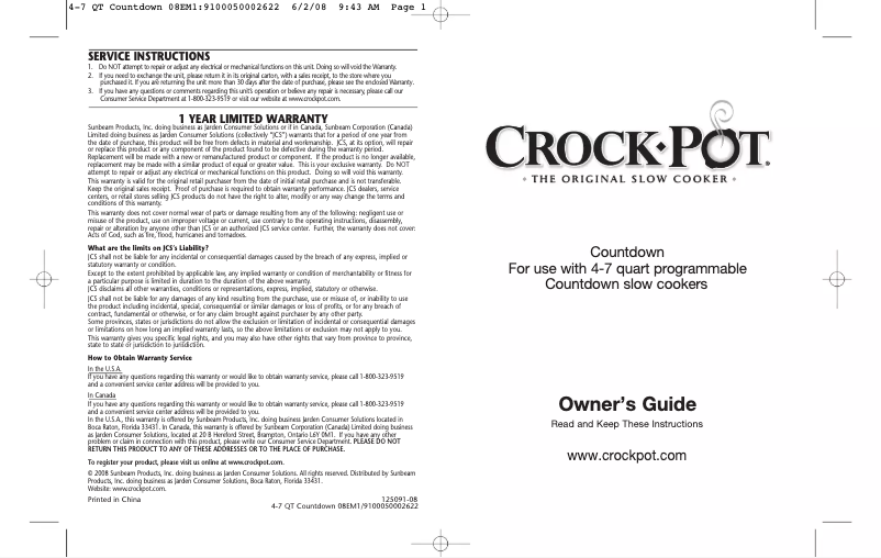 Page n°1 - Manuel utilisateur Crock-Pot Countdown SCVC651-F