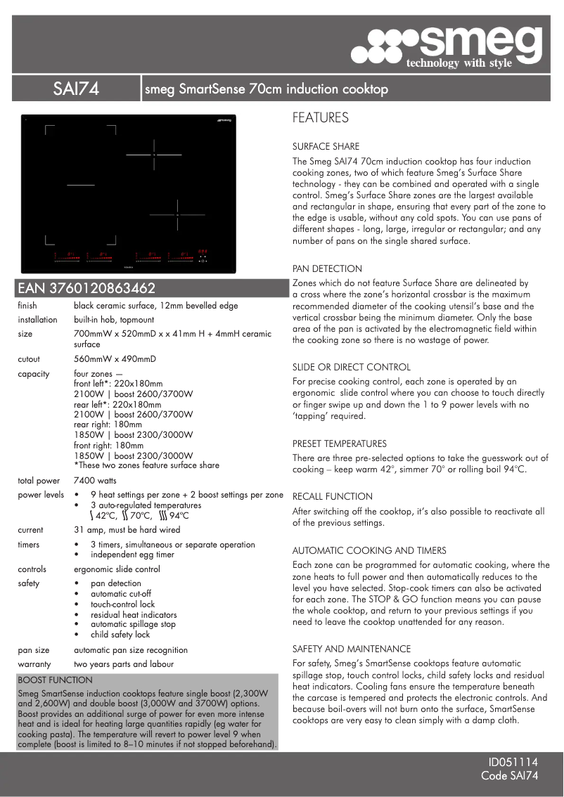 Page 1 de la notice Fiche technique Smeg SAI74