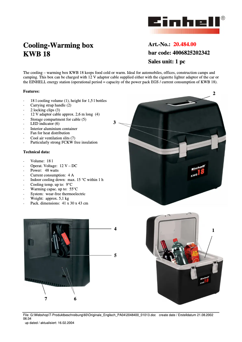 Page 1 de la notice Fiche technique Einhell KWB 18