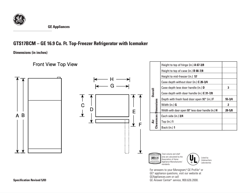 Page 1 de la notice Fiche technique GE GTS17BCMLCC