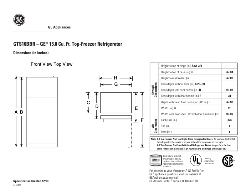 Page 1 of the manual Technical Sheet GE GTS16BBRRCC