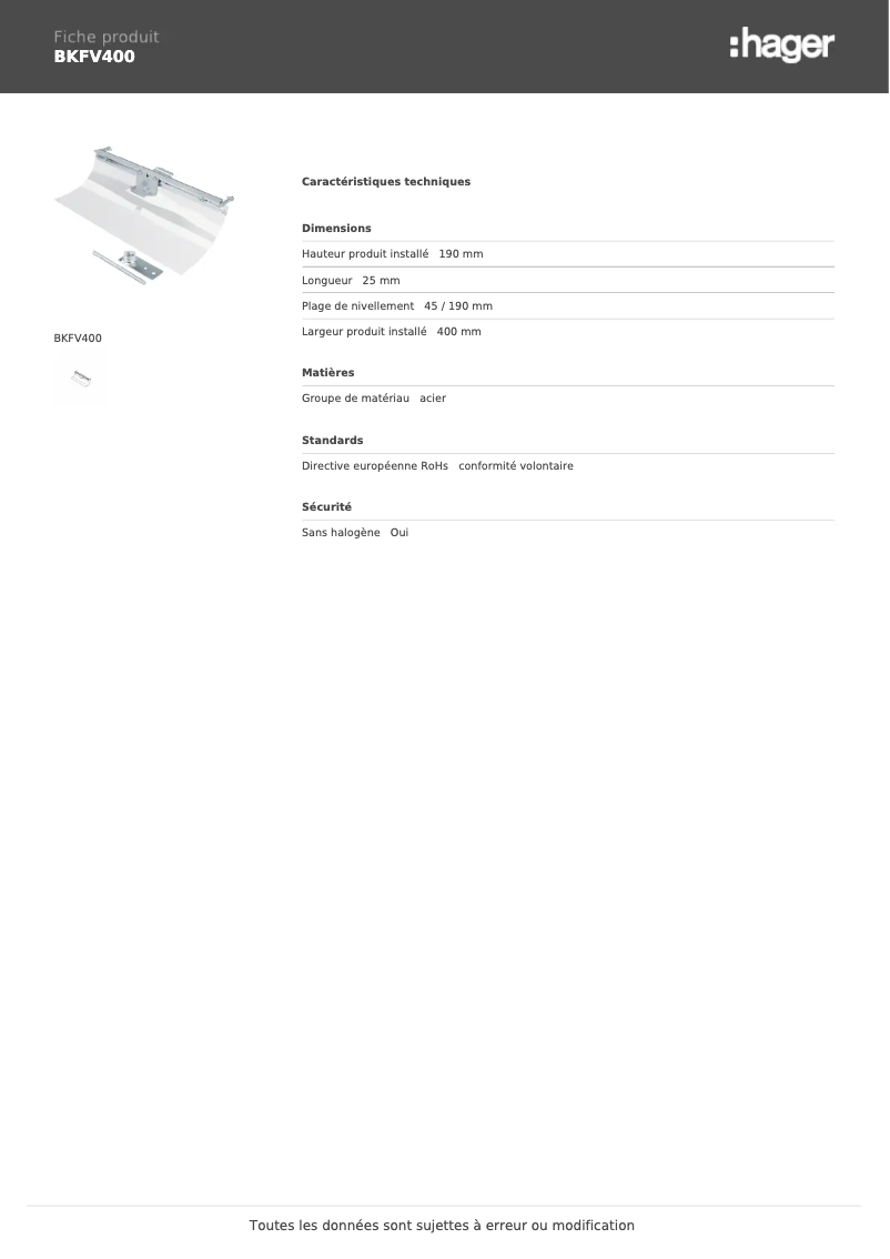 Page 1 de la notice Fiche technique Hager BKFV400