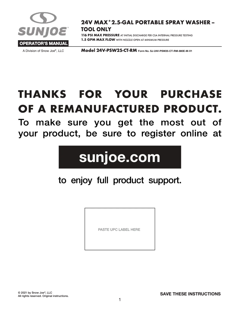 Page n°1 - Manuel utilisateur Sun Joe 24V-PSW25-CT-RM