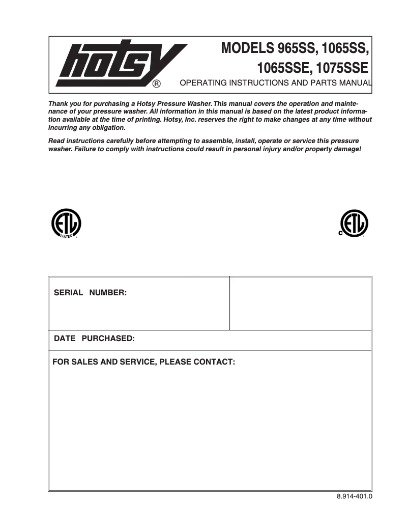 Page n°1 - Manuel utilisateur Hotsy 1075SSE