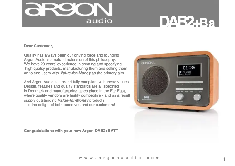 Page 1 de la notice Manuel utilisateur Argon DAB2+ Batt