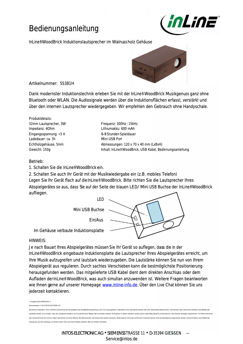 Page 1 de la notice Manuel utilisateur InLine Woodbrick