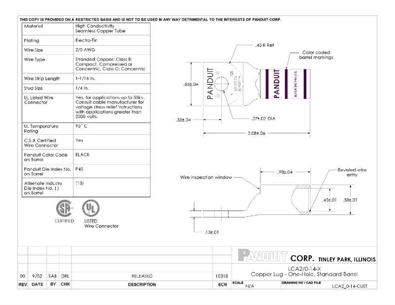 Página 1 del manual Dibujo técnico Panduit LCA2/0-14-X