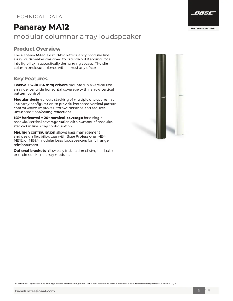 Page 1 of the manual Technical Sheet Bose Panaray MA12