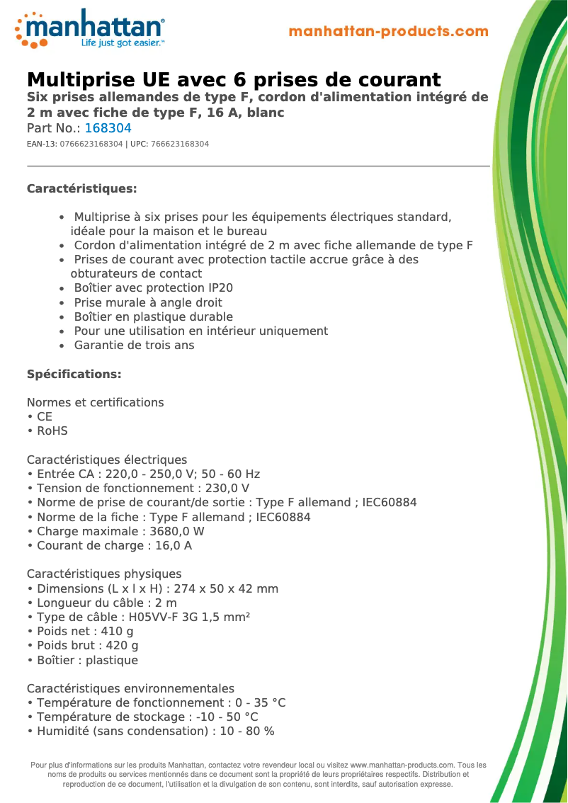 Page 1 de la notice Fiche technique Manhattan 168304