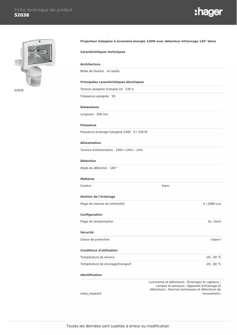 Page n°1 - Fiche technique Hager 52038