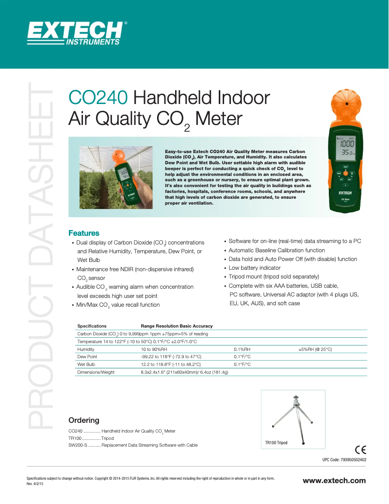 Page 1 de la notice Fiche technique Extech CO240