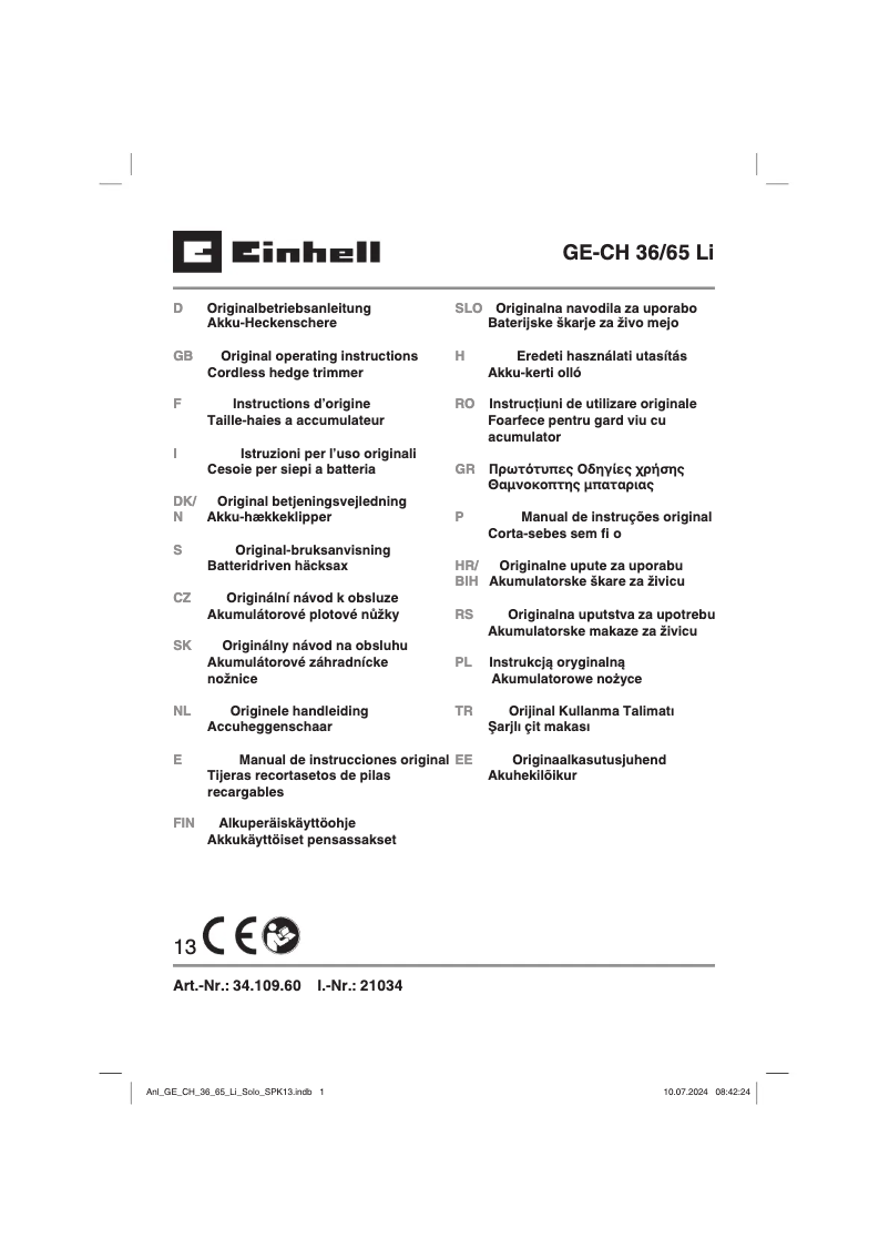 Page 1 de la notice Manuel utilisateur Einhell GE-CH 36/65 Li-Solo