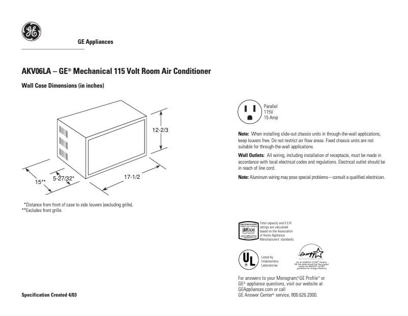 Page n°1 - Fiche technique GE AKV06LA