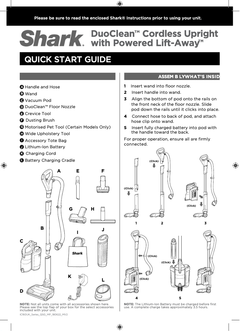 Page 1 de la notice Guide de démarrage rapide Shark DuoClean IC160UK
