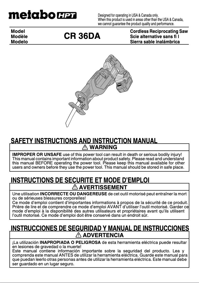 Page 1 de la notice Manuel utilisateur Metabo CR 36DA