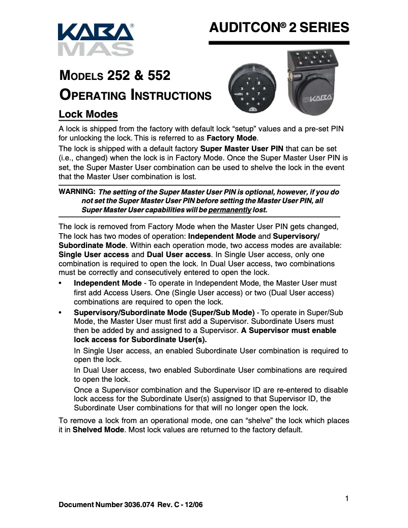 Page 1 de la notice Manuel utilisateur Dormakaba Auditcon 252