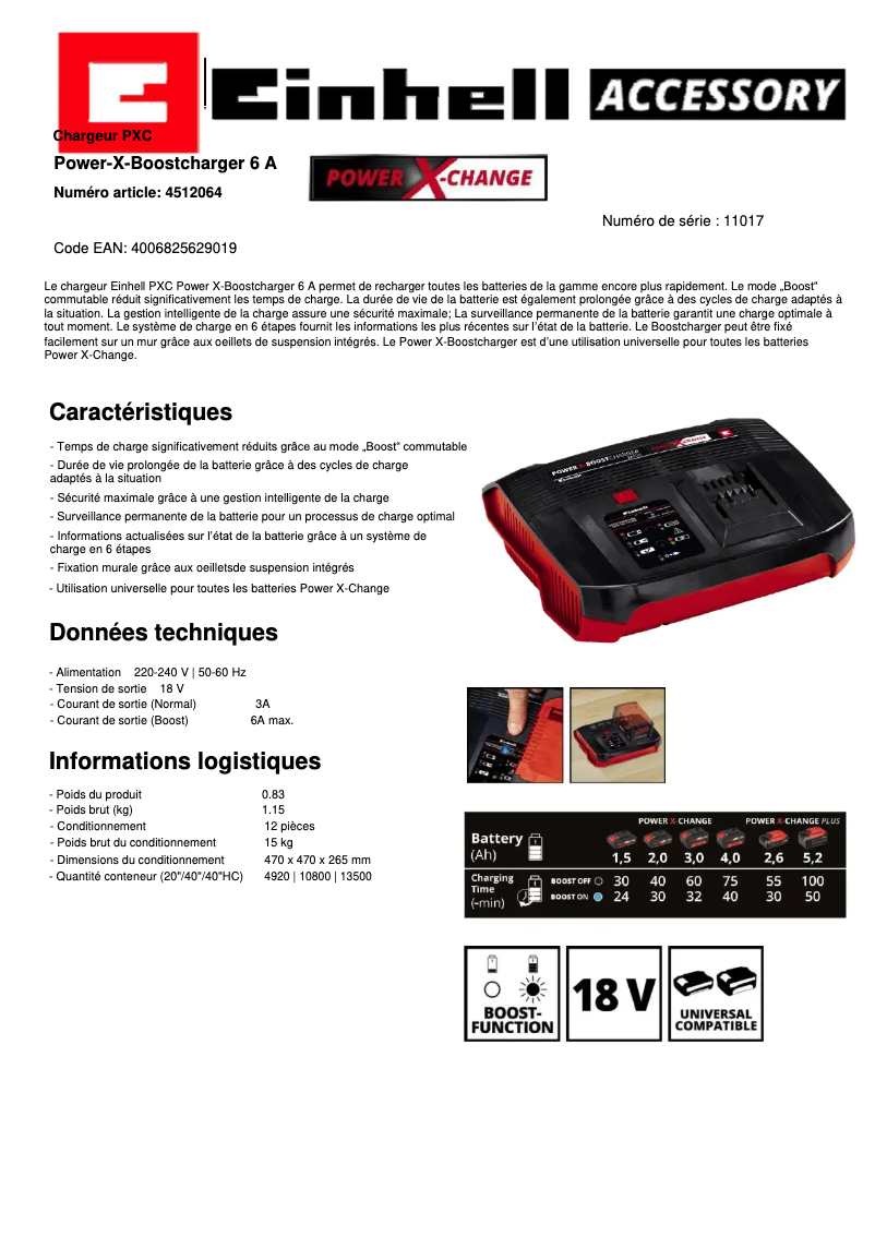 Page 1 de la notice Fiche technique Einhell Power-X-Boostcharger 6A