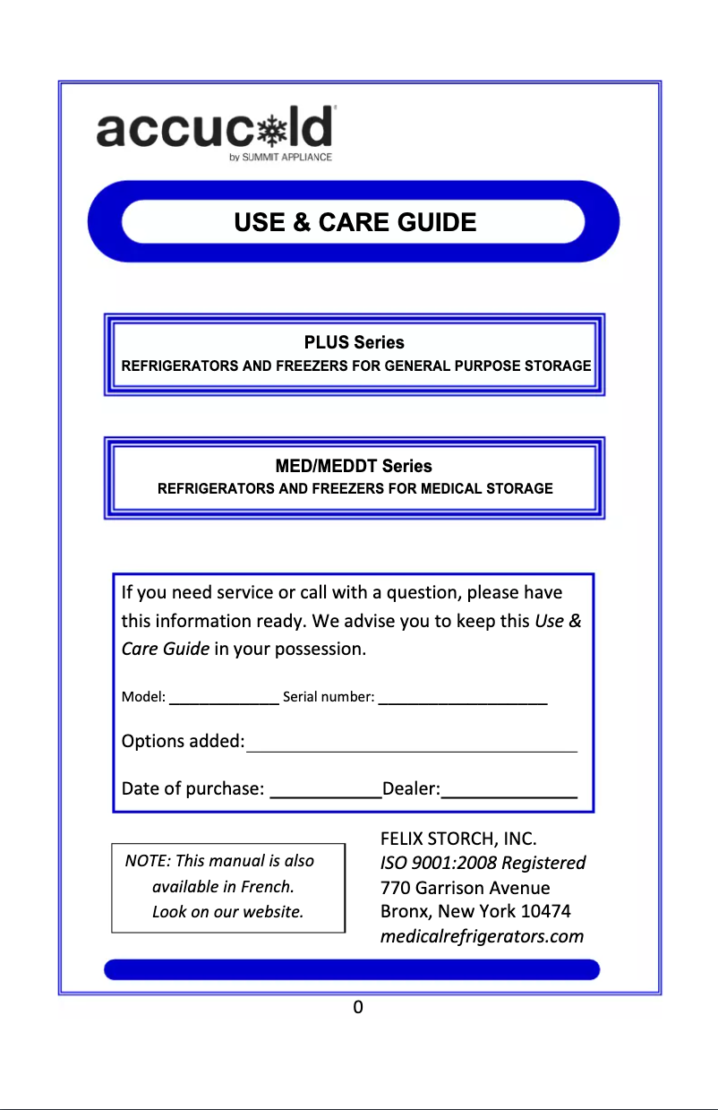 Page 1 de la notice Manuel d'utilisation et d'entretien Summit Accucold SP6DS2D7MEDDT